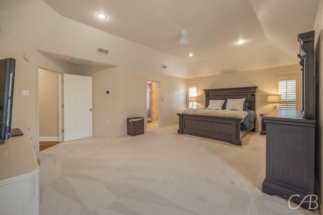 bedroom featuring ceiling fan and light colored carpet