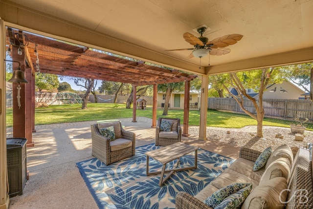 view of patio / terrace featuring a pergola, an outdoor living space, and ceiling fan