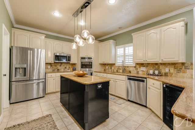 82 Bay Shore Ct, Abilene, TX 79602 - kitchen featuring appliances with stainless steel finishes, wine cooler, a sink, crown molding, and light stone countertops
