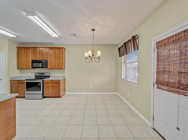 kitchen with an inviting chandelier, decorative light fixtures, light tile patterned flooring, and stainless steel electric range