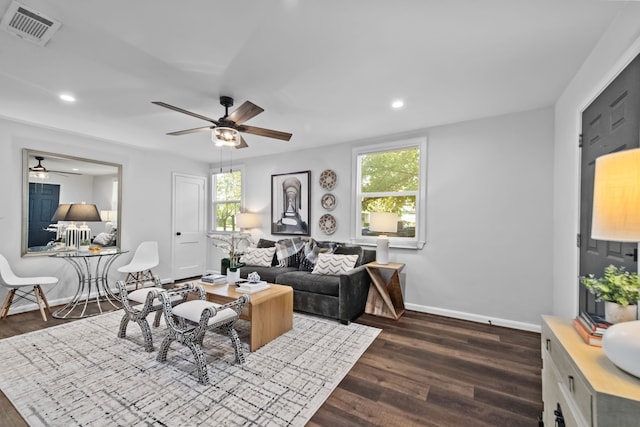 living room with plenty of natural light, ceiling fan, and dark hardwood / wood-style flooring