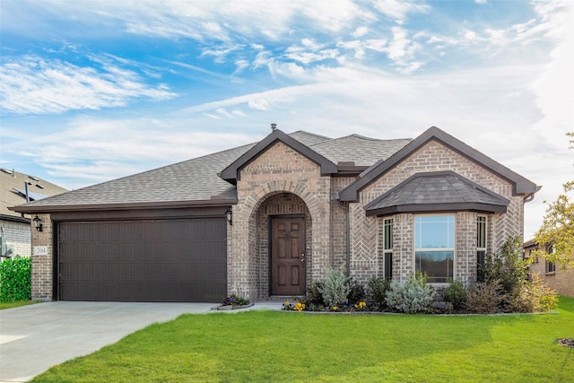 view of front of house with a garage and a front lawn