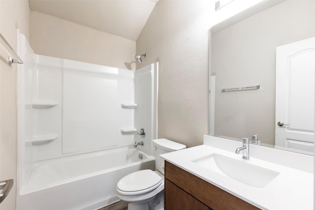 full bathroom featuring bathtub / shower combination, wood-type flooring, vanity, and toilet