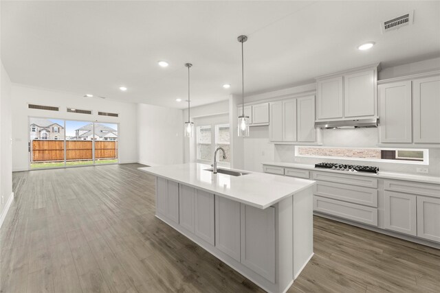 1385 Melcer St, Frisco, TX 75036 - kitchen featuring light countertops, visible vents, stainless steel gas cooktop, wood finished floors, and a sink