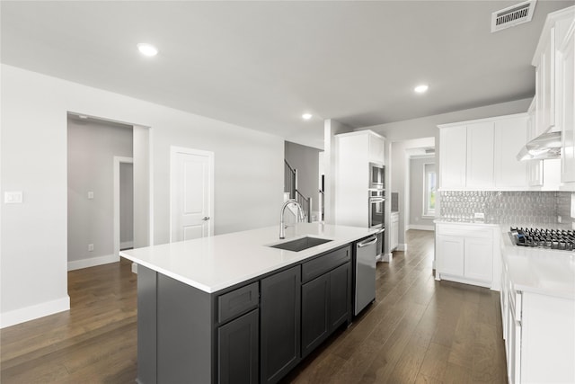 1590 Marburg Ln, Frisco, TX 75036 - kitchen with a sink, appliances with stainless steel finishes, a kitchen island with sink, white cabinets, and dark wood finished floors