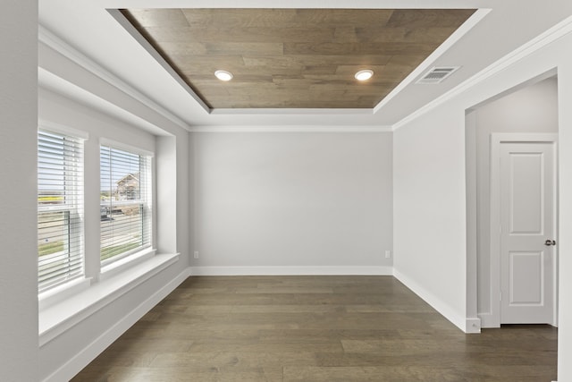 1590 Marburg Ln, Frisco, TX 75036 - spare room featuring dark wood-style flooring, wooden ceiling, ornamental molding, and baseboards