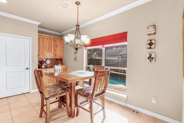 tiled dining area with a notable chandelier and crown molding