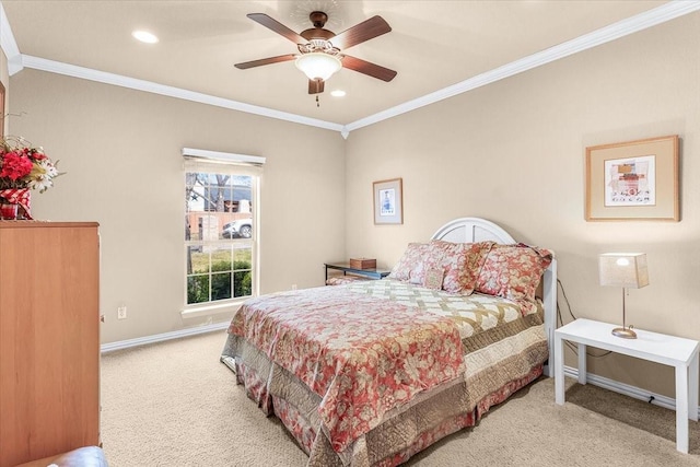 bedroom with light colored carpet, ceiling fan, and crown molding