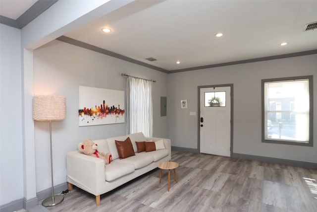 living room featuring light wood-type flooring, electric panel, and crown molding