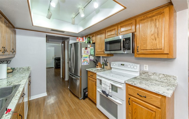 kitchen with sink, light wood-type flooring, a raised ceiling, stainless steel appliances, and light stone countertops