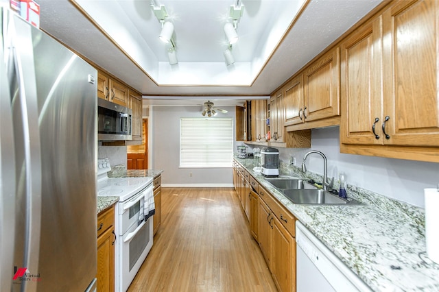 kitchen featuring sink, rail lighting, a tray ceiling, appliances with stainless steel finishes, and light wood-type flooring