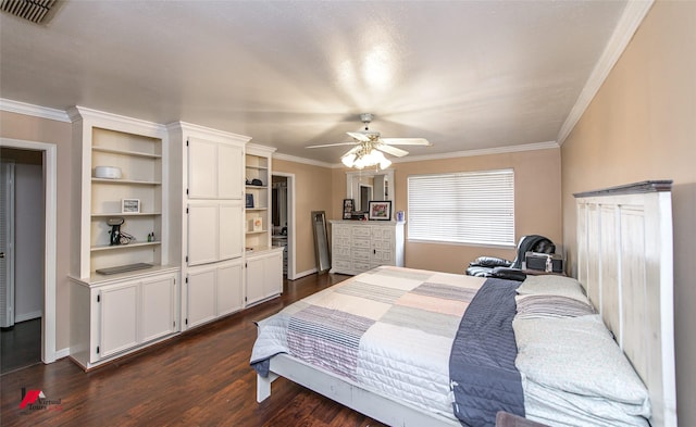 bedroom featuring ornamental molding, dark hardwood / wood-style floors, and ceiling fan