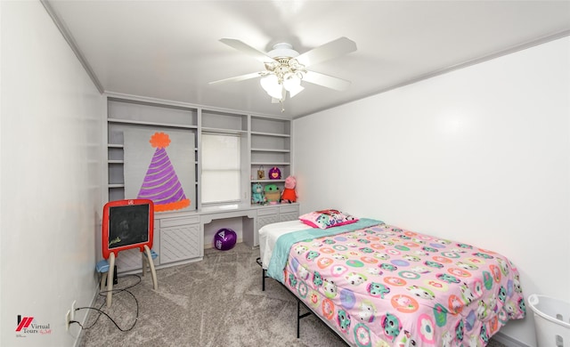 bedroom with light colored carpet, ceiling fan, and crown molding