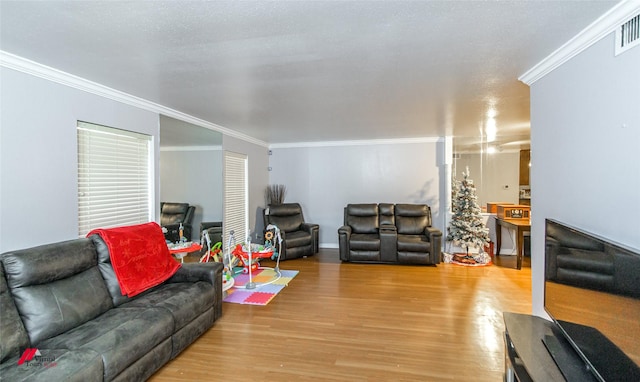 living room featuring a textured ceiling, crown molding, and light hardwood / wood-style flooring