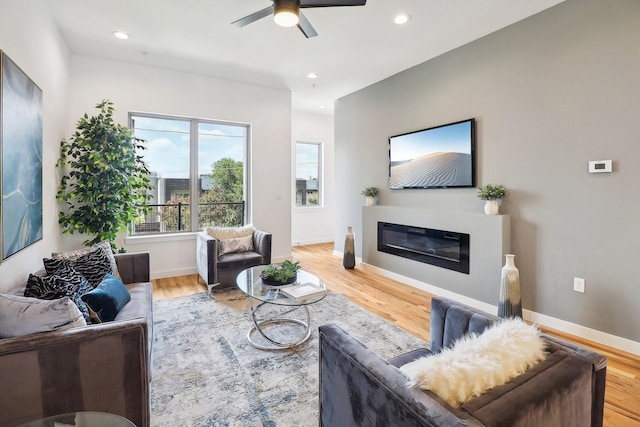 living room with ceiling fan and light wood-type flooring