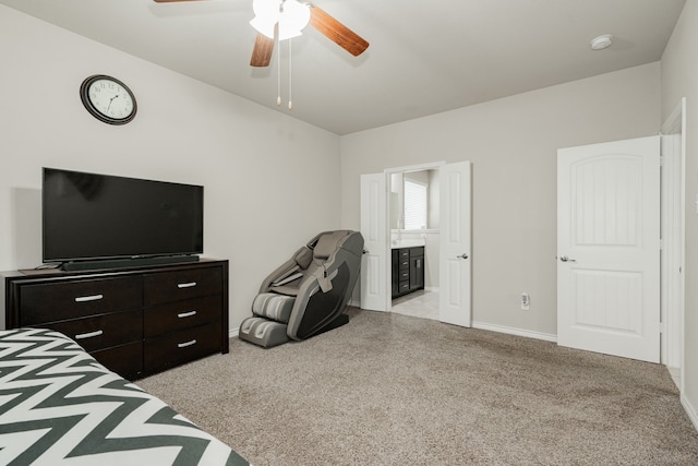 3204 Sunny Hill Way, Royse City, TX 75189 - bedroom featuring light colored carpet, baseboards, connected bathroom, lofted ceiling, and ceiling fan