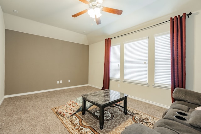 3204 Sunny Hill Way, Royse City, TX 75189 - carpeted living area with ceiling fan, baseboards, and lofted ceiling