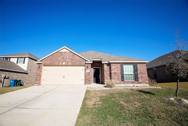 ranch-style house with a front yard and a garage