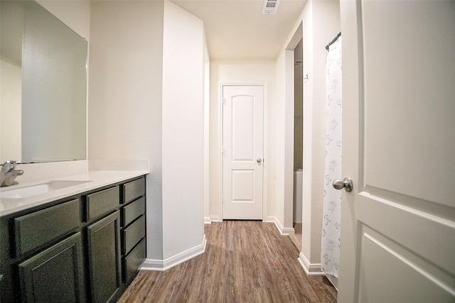 hallway with wood-type flooring and sink