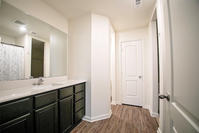 bathroom with hardwood / wood-style floors and vanity