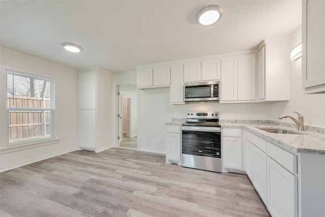 kitchen featuring white cabinetry, sink, stainless steel appliances, and light wood-type flooring