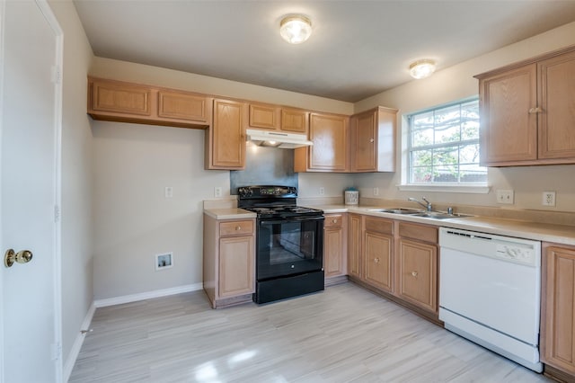 kitchen featuring dishwasher, light hardwood / wood-style floors, sink, and black / electric stove