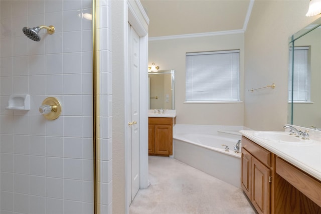 bathroom with independent shower and bath, crown molding, and vanity