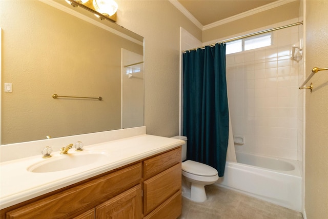 full bathroom with crown molding, shower / tub combo with curtain, vanity, and toilet