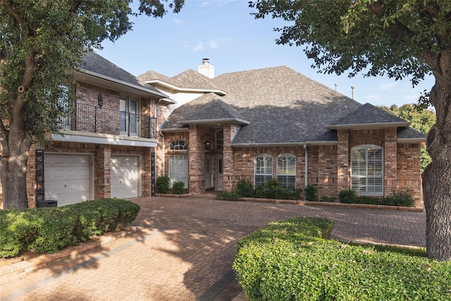 view of front of property with a balcony and a garage