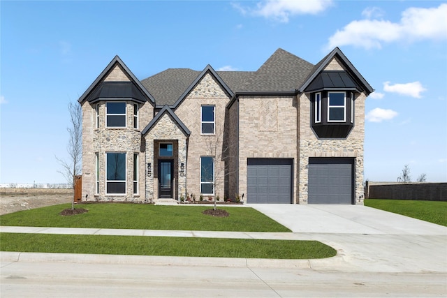 french country home with an attached garage, a shingled roof, a front lawn, concrete driveway, and brick siding