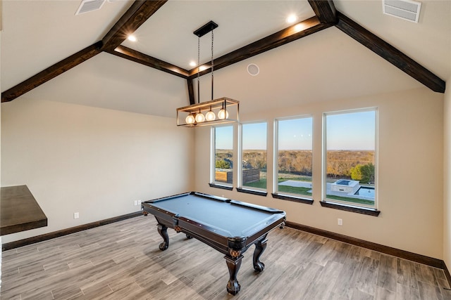 rec room with vaulted ceiling with beams, light hardwood / wood-style flooring, and billiards