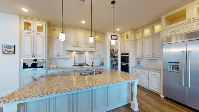 kitchen featuring a kitchen island with sink, light stone counters, sink, and stainless steel appliances