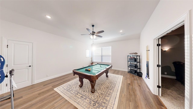 game room with light wood-type flooring, ceiling fan, and billiards