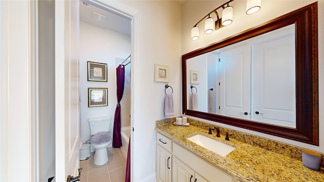 full bathroom with tile patterned flooring, vanity, toilet, and shower / tub combo with curtain