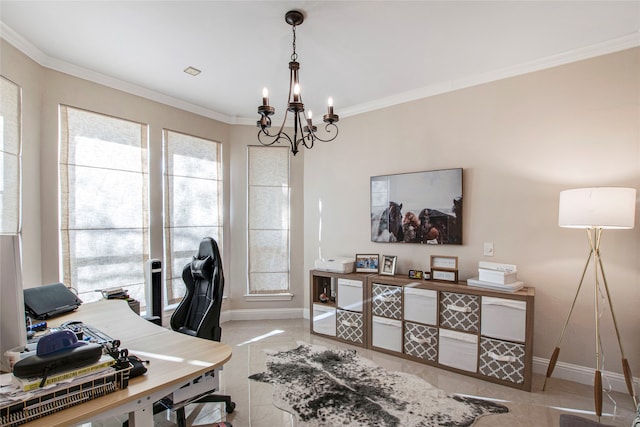 office with crown molding, light tile patterned floors, and a notable chandelier