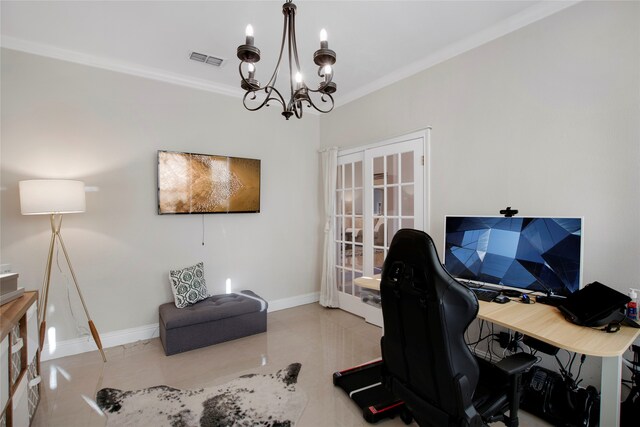 tiled office space featuring french doors, a chandelier, and ornamental molding