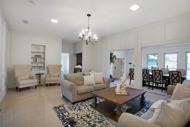 tiled living room with built in shelves and an inviting chandelier