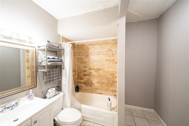 full bathroom featuring tile patterned flooring, shower / bath combination with curtain, toilet, and a textured ceiling