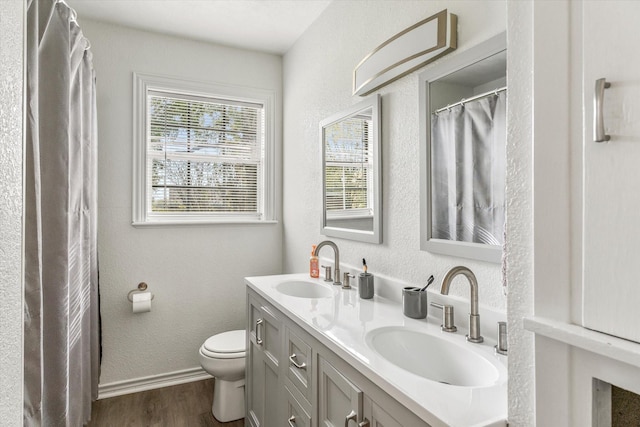 bathroom with hardwood / wood-style floors, vanity, and toilet