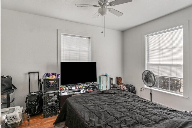 bedroom with hardwood / wood-style flooring, ceiling fan, and multiple windows