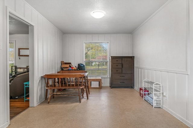 office space with a textured ceiling and ornamental molding