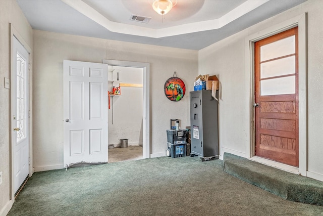 foyer entrance featuring carpet flooring and a raised ceiling