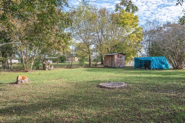 view of yard featuring a storage unit