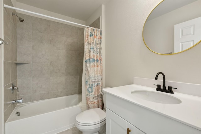 full bathroom featuring vanity, shower / bath combination with curtain, and toilet