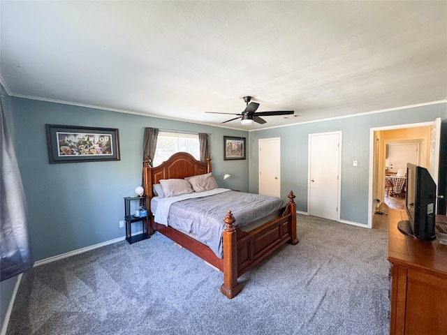 bedroom featuring carpet floors, ceiling fan, and ornamental molding