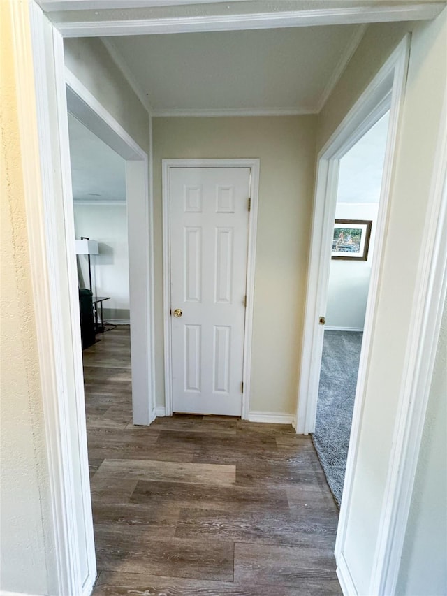 hall with ornamental molding and dark wood-type flooring