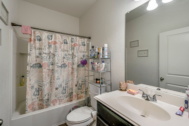 full bathroom featuring toilet, vanity, and shower / bathtub combination with curtain