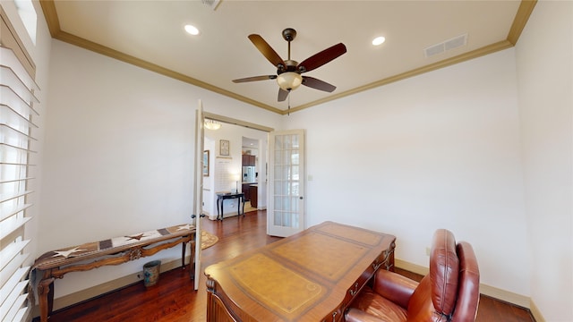 interior space featuring french doors, ceiling fan, ornamental molding, and dark hardwood / wood-style flooring