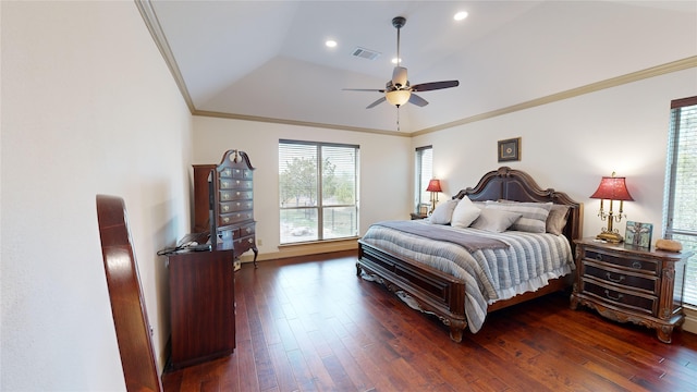 bedroom featuring lofted ceiling, crown molding, ceiling fan, and dark wood-type flooring