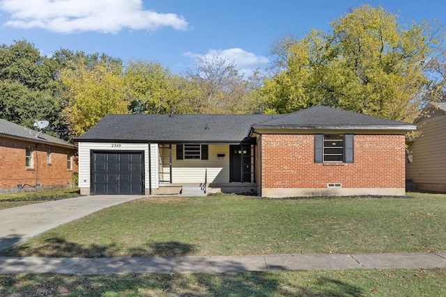 ranch-style home featuring a porch, a garage, and a front yard